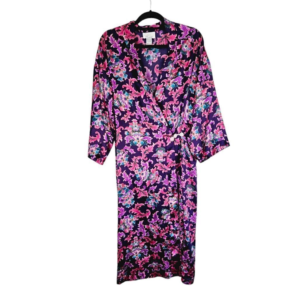 Vintage '70s Dentelle Purple Floral Print Kimono Robe Nightgown Dressing Gown L